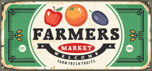 Farmers market retro advertising sign with fresh organic fruits. Food poster. Vector illustration with farm products.