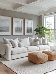 Fototapeta premium Serene Coastal Living Room Interior Design with Cream Sofa and Natural Ottomans