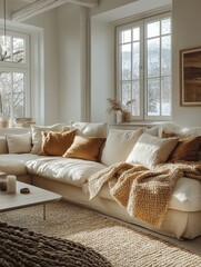 Cozy Scandinavian Living Room with Natural Light and Warm Textures
