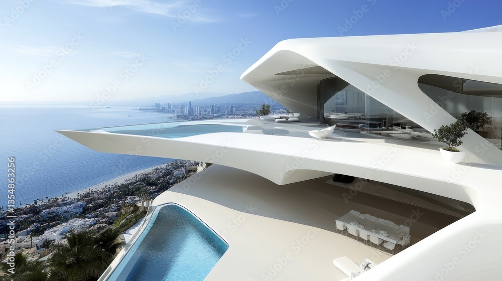 Poster modern architecture shows the beach and ocean views and structures