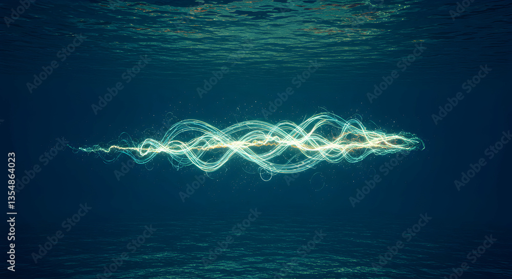 Poster underwater wavy light streaks create abstract pattern glowing in deep sea