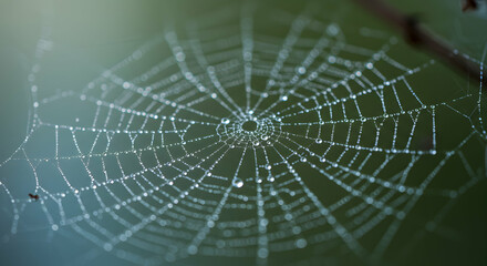 Spiderweb with Water Droplets Sparkling on a Spring Morning