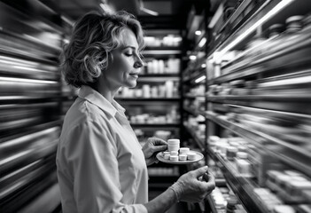 Naklejka premium Beautiful senior female pharmacist checking medications on a shelf