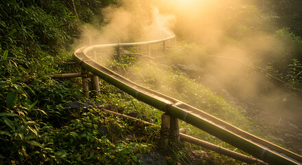 Bamboo Water Feature in Lush Green Landscape with Morning Mist