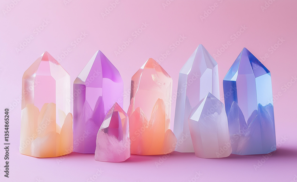 Poster a close-up view of several pointed purple and transparent crystals, gleaming with a soft light again
