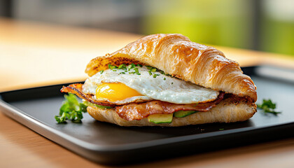 delicious food truck offers mouthwatering croissant filled with crispy bacon and perfectly fried egg