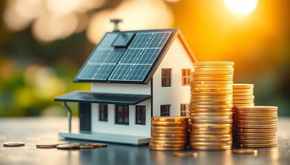Miniature wooden house model, solar panels on roof, stacks of gold coins, warm sunset lighting, energy efficiency concept
