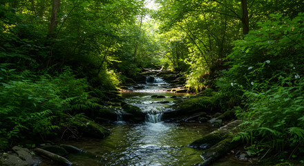 Obraz premium Flowing Stream Through a Lush Green Forest with Sunlight Peeking Through