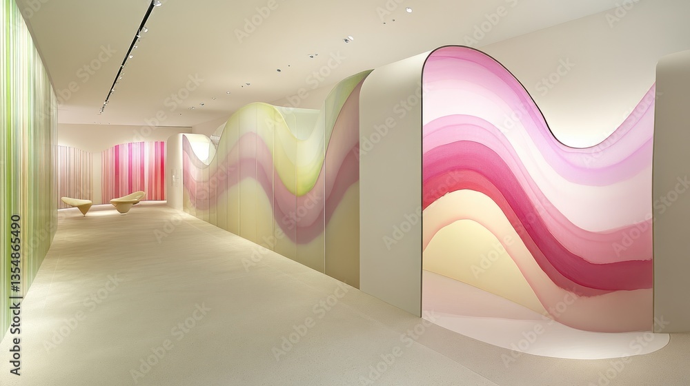Poster an elegant and colorful gallery space with unique wave designs