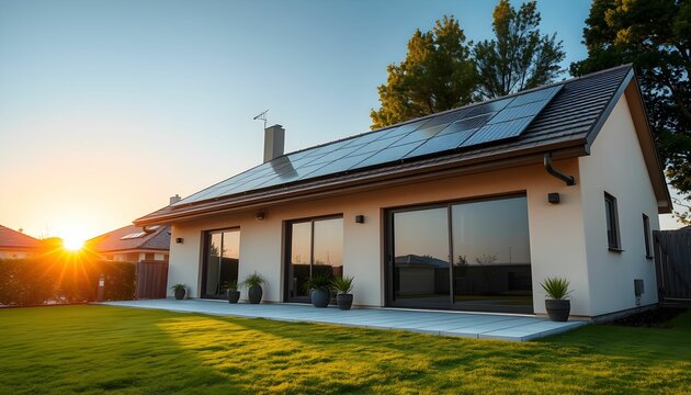 Cozy wooden cabin, solar panels on roof, sunset sky, warm glowing windows, forest setting, sustainable living, off-grid home