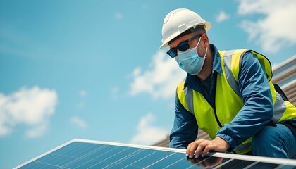Solar panel installation, construction worker, yellow hard hat, safety vest, bright sunlight, mountain landscape, renewable energy, industrial photography, blue sky