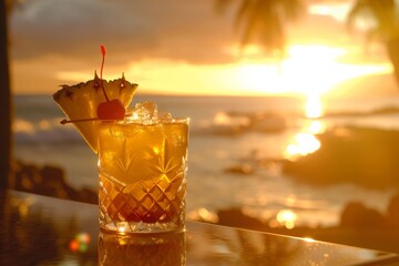 Refreshing mai tai cocktail at sunset with tropical garnish