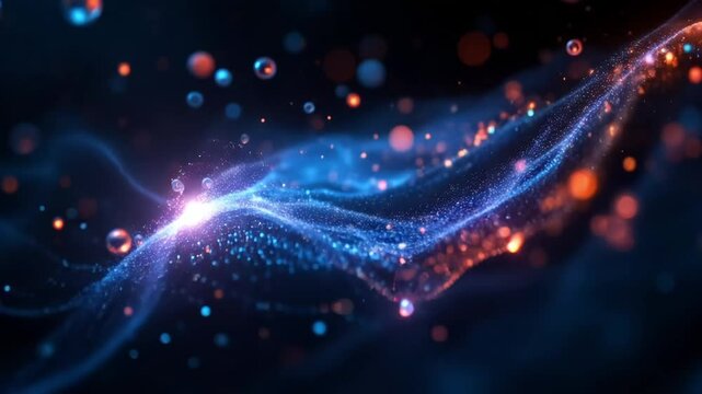 Glowing quantum particles float and collide forming complex dynamic patterns of flowing digital data and energy pulses 