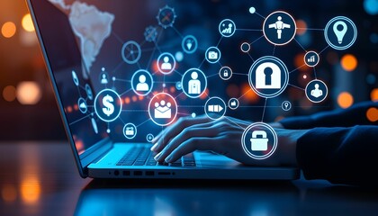 Technology icons, global network, floating digital symbols, laptop keyboard, blue glow, cybersecurity, data visualization, futuristic interface, world map, business connectivity, holographic display