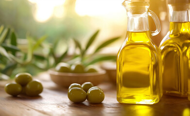 Bottles of olive oil surrounded by fresh olives, with soft sunlight streaming in, evoking a natural, healthy lifestyle.
