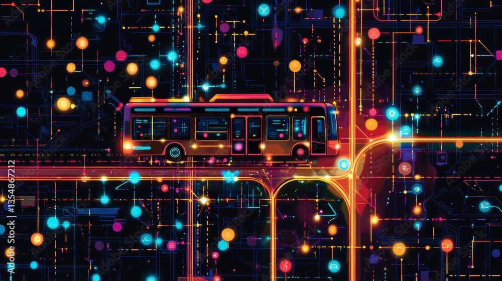 Poster futuristic bus on a digital network highway.