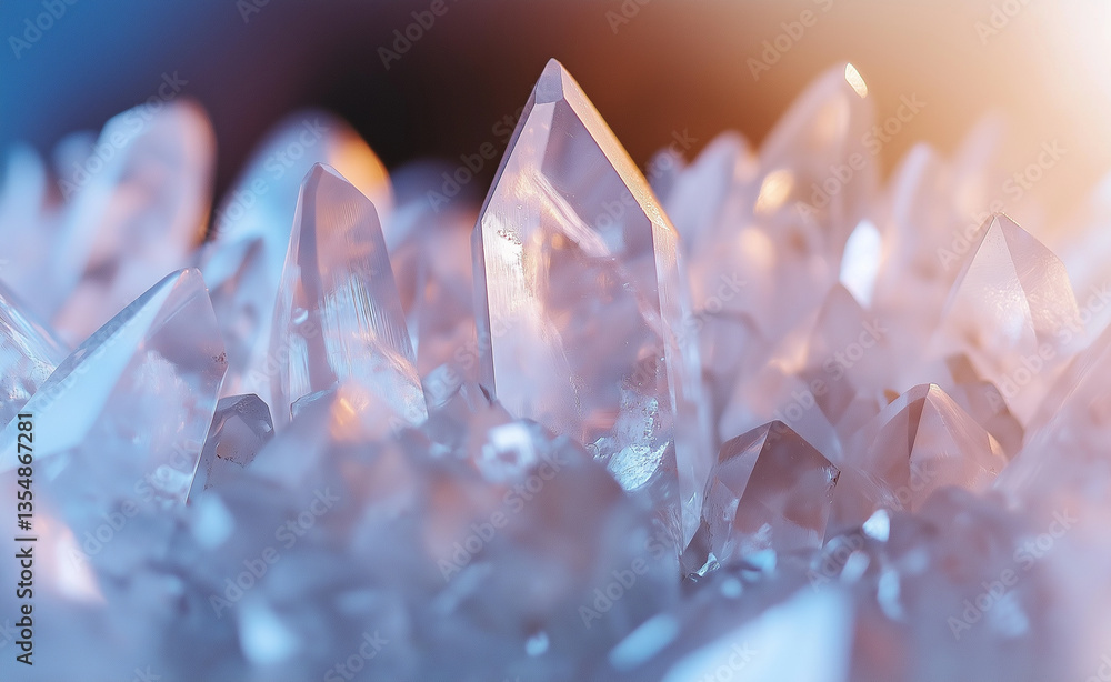 Poster close-up of sparkling, transparent crystals with sharp edges and a soft gradient of light reflecting