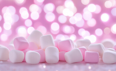 Fototapeta premium Close-up of soft pastel-colored marshmallows in white and pink, arranged with a bokeh effect in the background. 