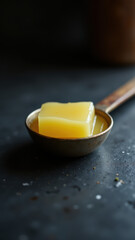 A spoonful of golden yellow beef tallow ready to be poured into a jar or used for cooking.