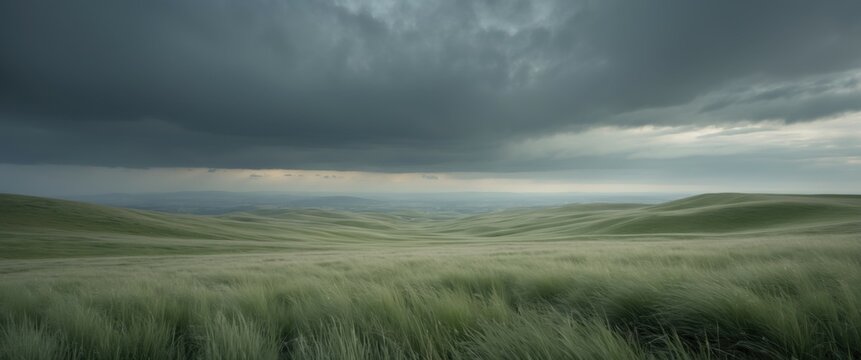 Expansive grassy plains, stormy sky, ominous clouds, distant horizon, moody atmosphere, windswept landscape, muted colors, panoramic view, dramatic lighting, rolling hills, vast wilderness, desolate b