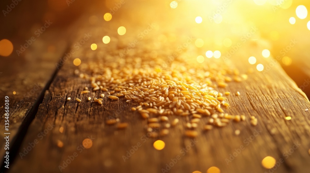 Poster golden wheat grains on rustic wooden table with warm reflections and soft lighting for a premium foo