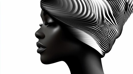 Elegant profile portrait of a woman with a striking patterned headwrap