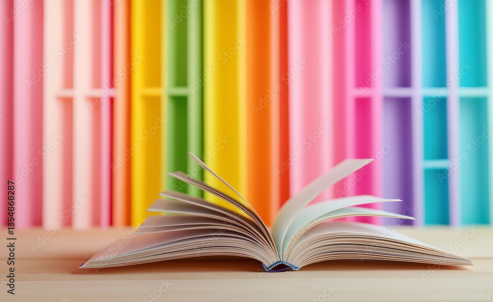 Poster an open book on a table with colorful book spines in the background, creating a rainbow of hues.