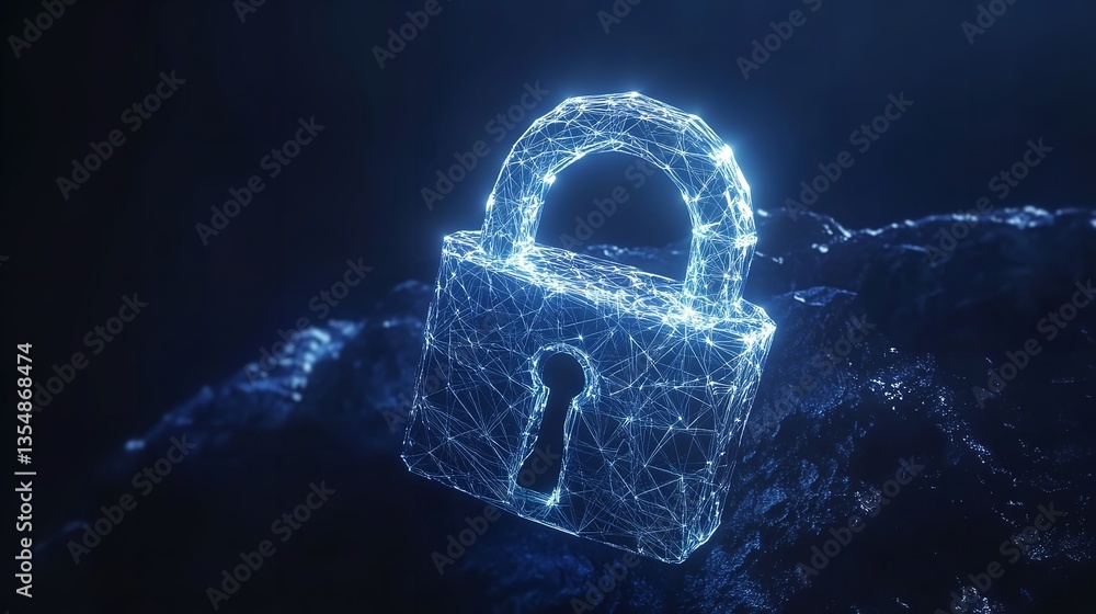 Poster a digital padlock with a geometric design resting on a textured dark blue surface with a glow
