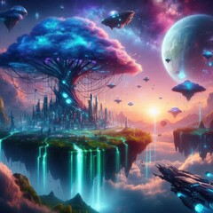 Futuristic City Floating Islands with Spaceships in a Fantasy Landscape