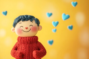 Fototapeta premium Cheerful cartoon character in red sweater with floating hearts on yellow background