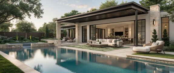 Luxurious modern villa, expansive pool, outdoor living space, pergola, lush landscaping, evening ambiance, warm lighting, reflective water, architectural design, resort-style backyard, tropical vegeta