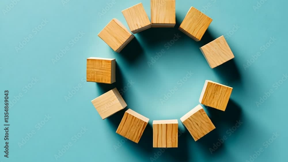 Poster wooden blocks arranged in a collaborative circle on blue backdrop generative ai