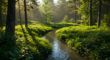Obraz premium Flowing Stream Through Lush Forest with Sunlight Streaming Through Trees