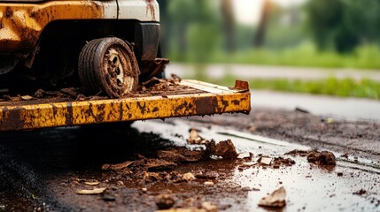 An abandoned vehicle with a flat tire sits in thick muddy terrain, illustrating neglect and the impact of the environment on inanimate objects over time.