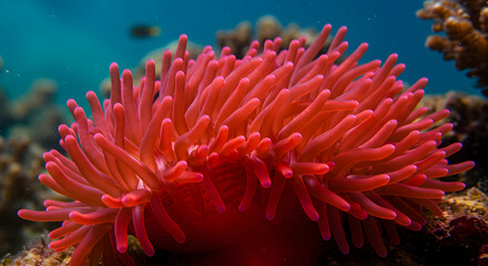 Obraz premium Vibrant Sea Anemone Underwater with Coral Reef Background in Deep Ocean