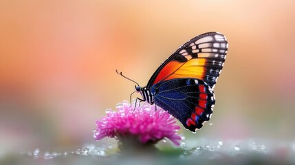 Obraz premium Vibrant butterfly perched delicately on a flower. A beautiful and colorful butterfly with intricate wing patterns resting gently on a pink flower, bathed in soft, warm light.