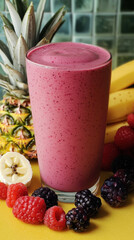 refreshing smoothie made with blend of tropical fruits, including pineapple, bananas, and mixed berries, creating vibrant
