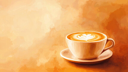 Obraz premium warm cup of coffee with intricate latte art sits on saucer, surrounded by soft, warm tones that evoke cozy atmosphere