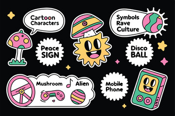 Naklejka premium 19 Colorful sticker collection, retro and modern designs, psychedelic patterns, cartoon characters, rave culture symbols, peace sign, disco ball, mushroom, alien, mobile phone, tongue graphic, neon co
