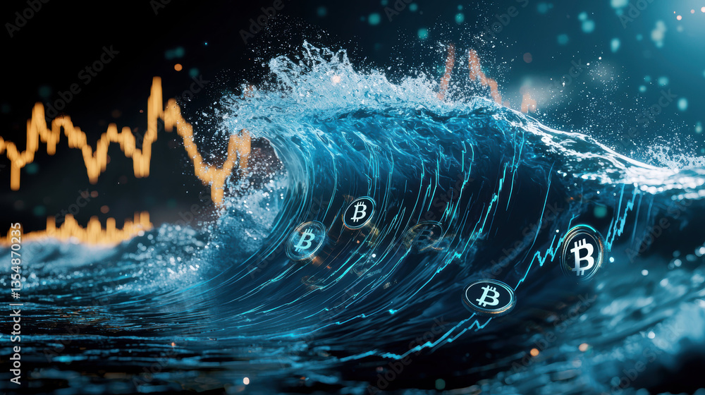 Poster abstract representation of wave crashing with cryptocurrency symbols, illustrating dynamic nature of