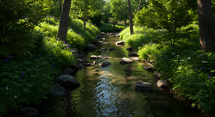 Fototapeta premium Flowing Stream Through Lush Green Forest with Sunlight Reflections