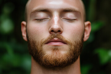 Fototapeta premium Deep breathing exercise with calm man, eyes closed, surrounded by greenery. serene atmosphere promotes relaxation and mindfulness