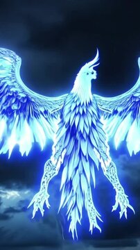 vertical 9:16 A phoenix composed entirely of crackling blue lightning spreads its wings, sending arcs of energy into the storm clouds above. Its body pulses with raw electrical power
