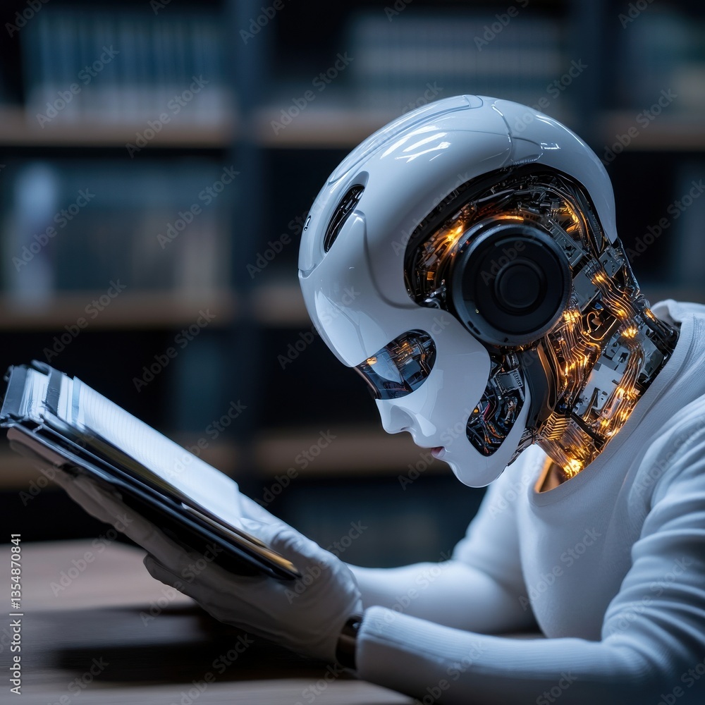 Poster a robot is reading a book with a tablet