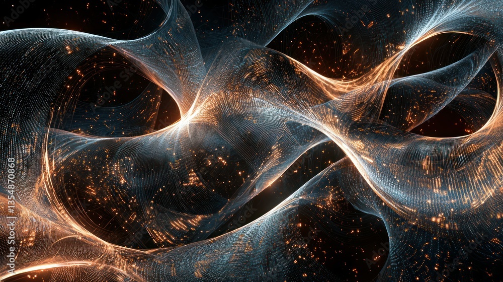 Poster interwoven, circuit-like patterns with soft glowing edges set against a dark, futuristic background,