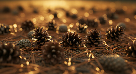 Pine Cones and Needles on Forest Floor with Warm Sunlight