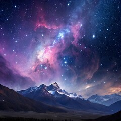Milky Way Galaxy Over Snowy Mountains, the majestic Milky Way galaxy is captured over snowy mountain peaks, with stars sparkling in the night sky