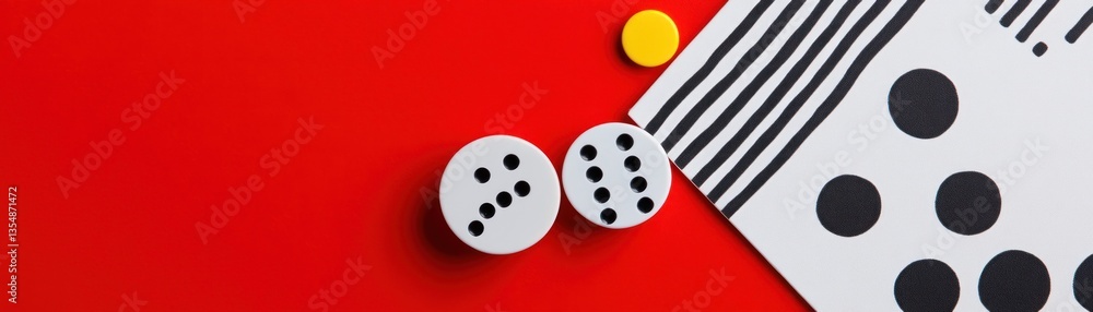Poster dice and geometric patterns are displayed against a red background