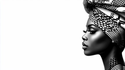 Elegant monochrome portrait of a woman adorned with an intricately patterned headwrap