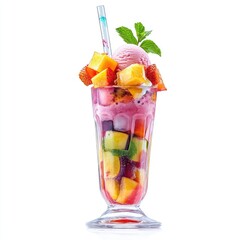 A cold, sweet summer beverage with fresh fruit and ice in a glass cocktail